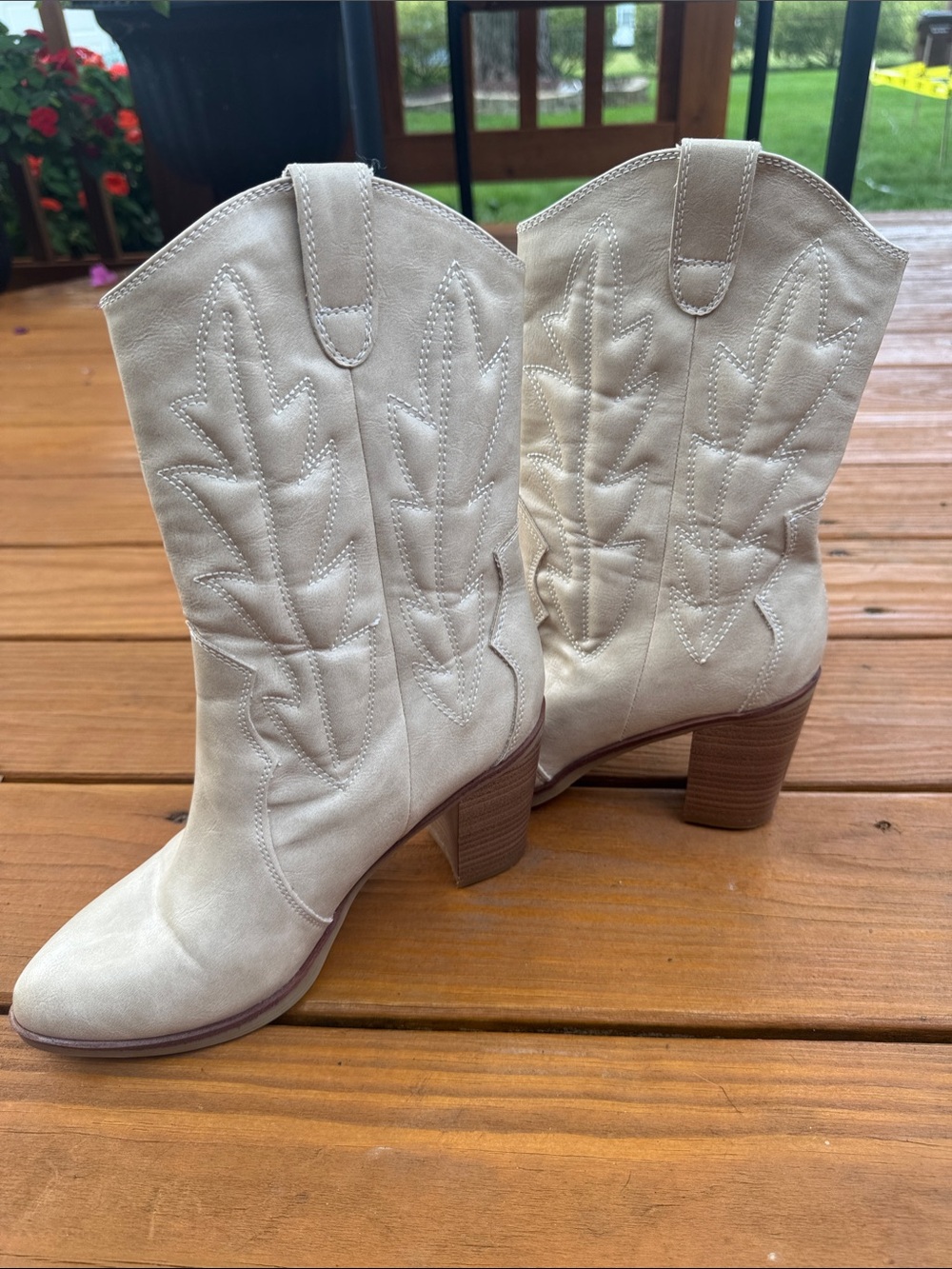 MIA Cream Western Block Heel Mid-Calf Boots